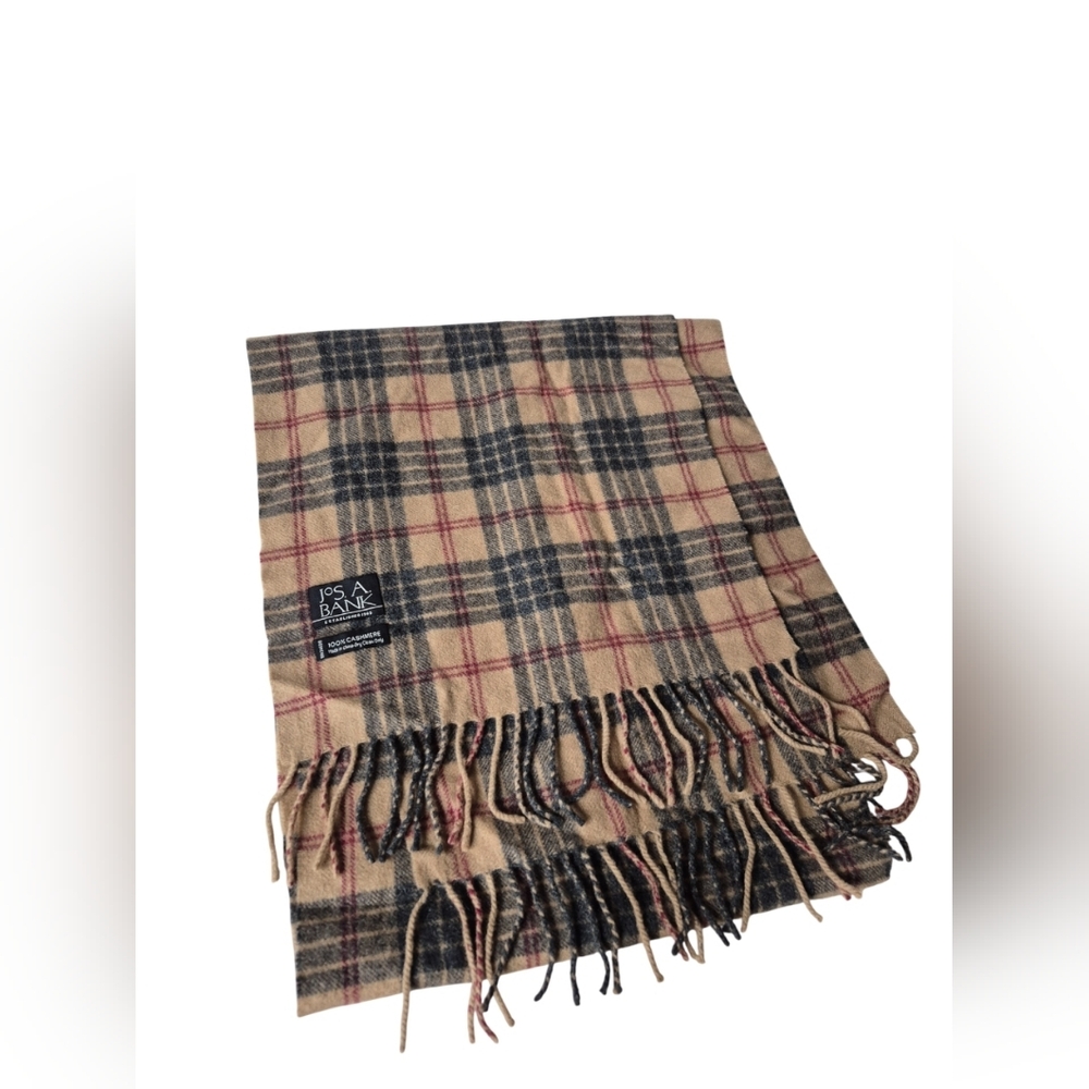 Jos A Bank 100% Cashmere Tan Red Tartan Plaid Scarf Fringe